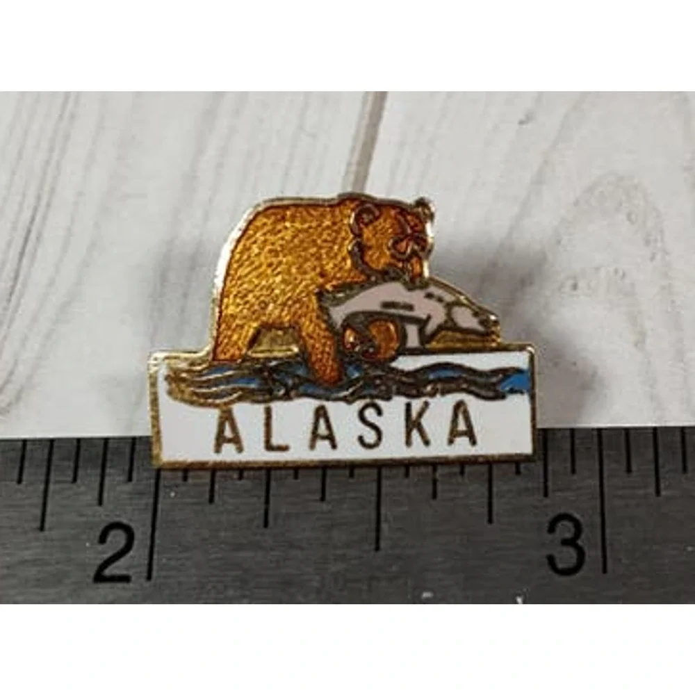 Alaska Bear with Fish Pin for a Hat, Lapel, Apron, Lanyard, Jacket or Backpack
